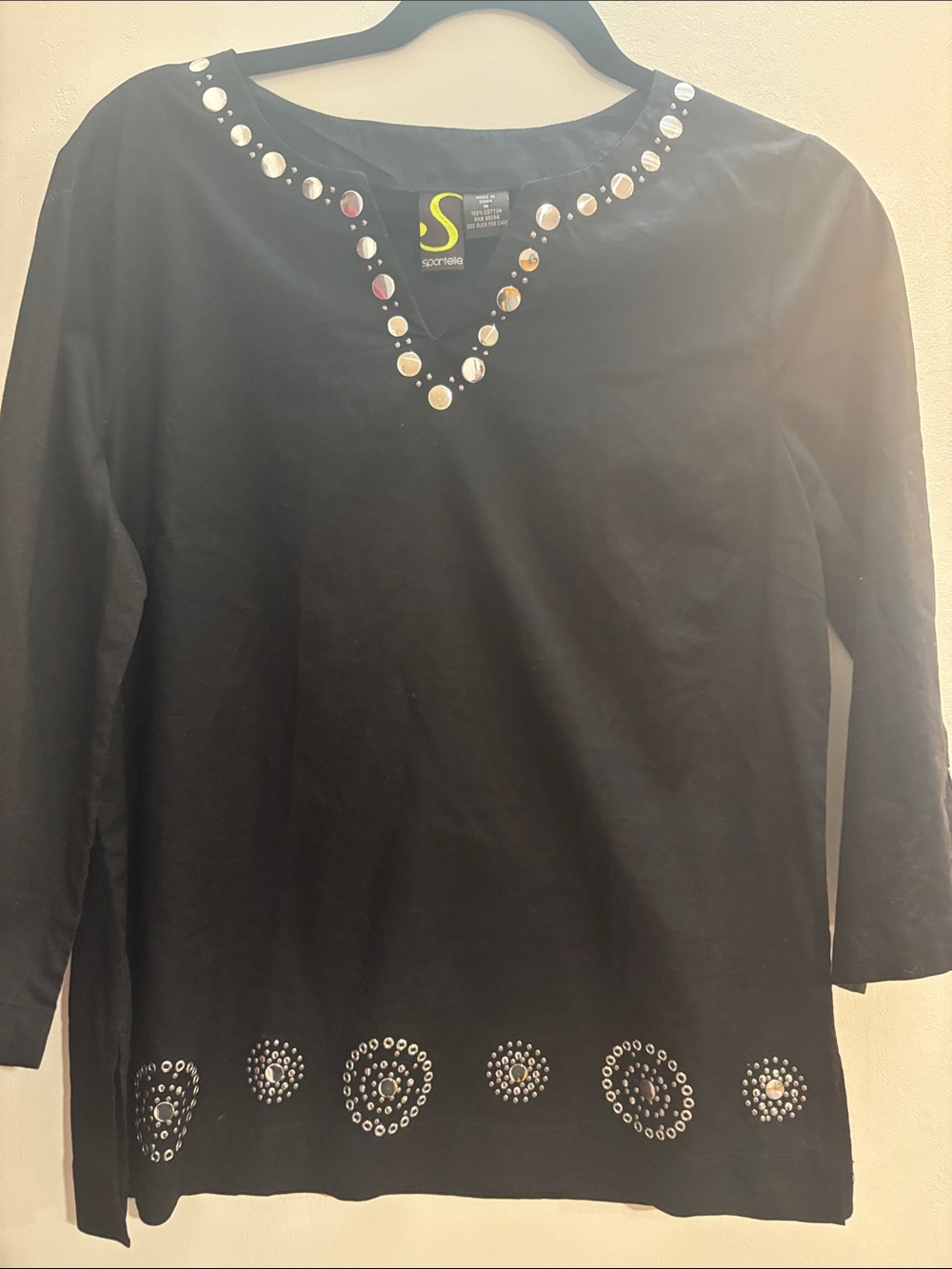Sportelle Black Studded Rhinestone Tunic Top Boho Western Y2K Medium